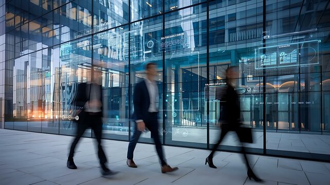 Three professionals in formal attire walk past a modern glass building with digital overlays and reflective surfaces.