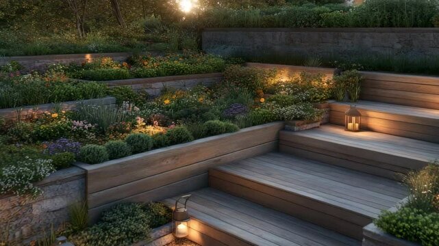 Terraced garden exterior with stepping stones, raised beds, built-in bench, and lanterns glowing at twilight