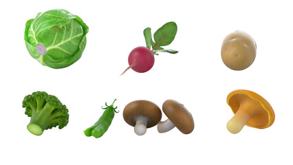 A collection of various vegetables including cabbage, radish, broccoli, and mushrooms, showcasing fresh produce.