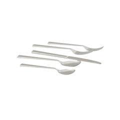 A collection of stainless steel cutlery including forks, knives, and spoons arranged together.