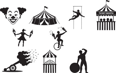 Black And White Circus Line Art Illustrations Clown Tent Jugglers Strongman Cannon Fire Eaters Ticket Booth Unicycle