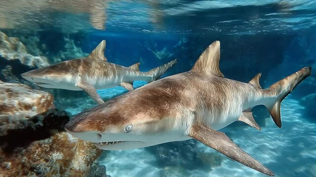 Two Sharks Swimming Underwater in Clear Blue Ocean Water Near Coral Reefs
