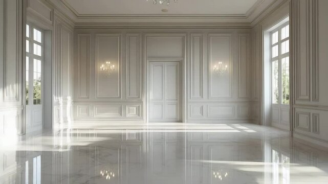 Transitional space with French paneling, glossy marble floors, and chandelier reflections on walls