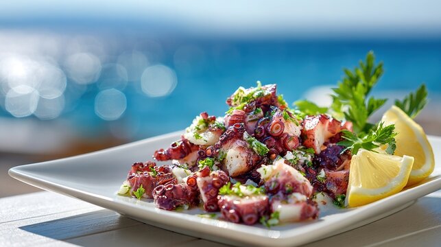Seaside grilled octopus salad with lemon, fresh herbs, feta, and olive oil served in Mediterranean coastal light