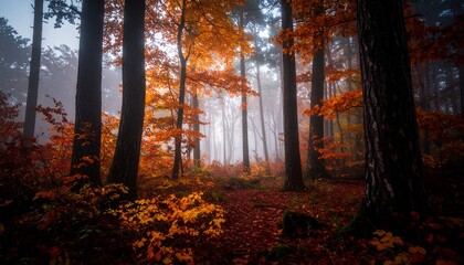 Fototapeta premium Forest scene with trees and autumn foliage bathed in soft light.