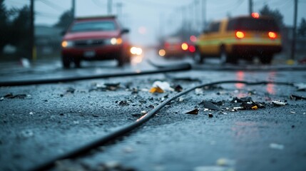 A somber scene of a rainy street littered with debris, capturing the aftermath of a storm with blurred cars in the background, representing the challenges of urban life in bad weather.