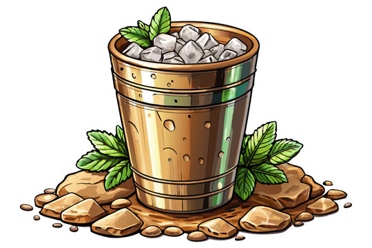 Mint Julep cocktail in traditional metal cup with crushed ice and fresh mint sprig on white isolated refreshing Southern drink vector for summer menus, bars, or mixology content