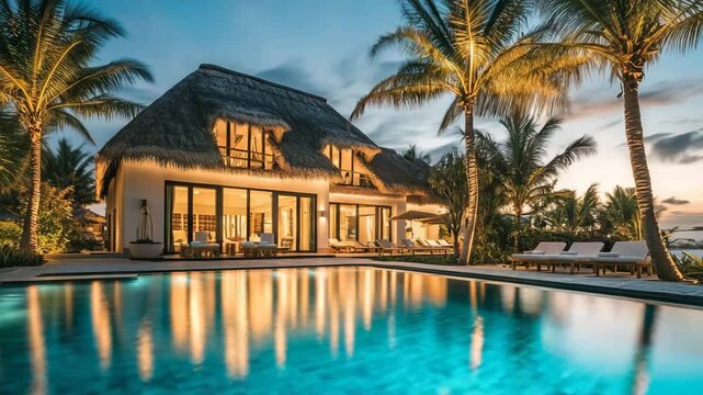 tropical resort exterior featuring thatched roof villa palm trees golden hour lighting turquoise pool reflections highlighting textures and shadows
