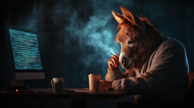 A whimsical portrayal of a donkey thoughtfully pondering at a computer, surrounded by smoke in a dimly lit room, blending humor with a touch of relatable modern life.