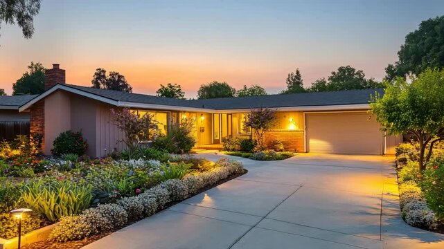 Twilight view of suburban house with garden lighting and clean driveway shown with even lighting and architectural clarity