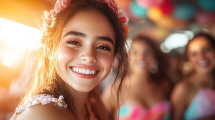 A radiant young woman smiling brightly against a colorful backdrop filled with festive balloons, capturing a joyful moment filled with friendship and celebration.