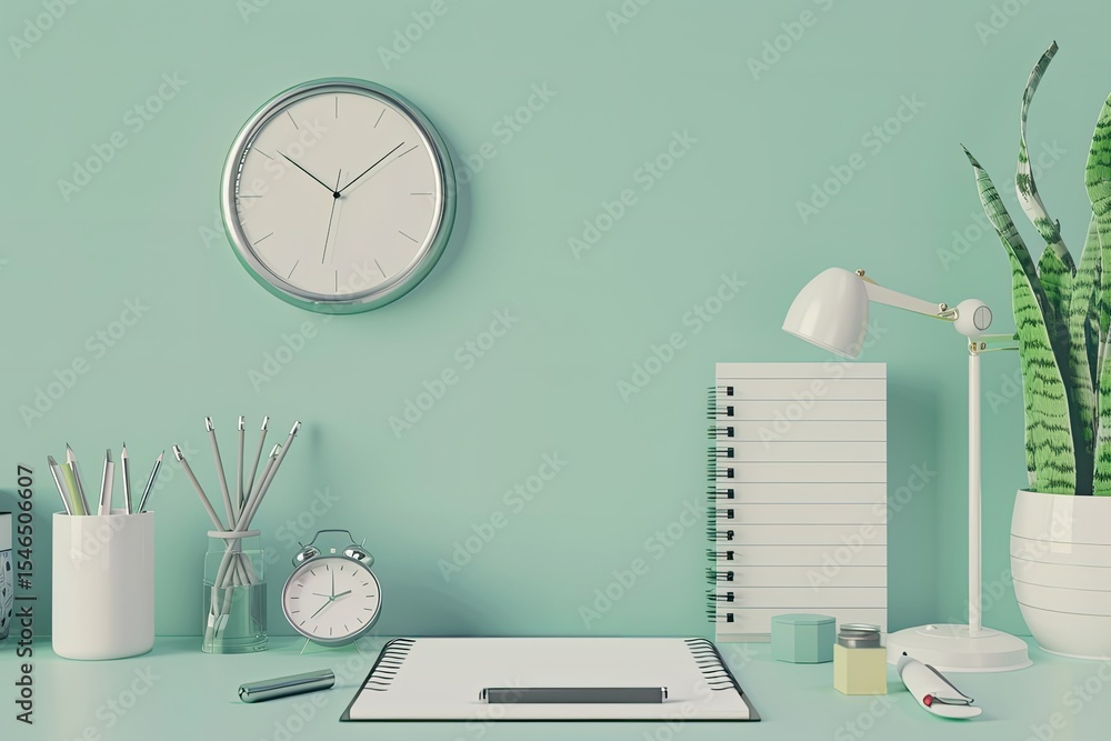 Aufkleber high detail picture of a desk with a notebook a clock and other items on it