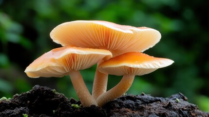 A stunning photo of three orange mushrooms rising from the soil among rich green foliage, highlighting the beauty of nature and intricate ecosystems.