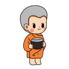 Cute cartoon illustration with a Buddhist theme featuring monks, temples, and traditional elements.