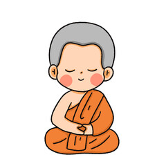 Cute cartoon illustration with a Buddhist theme featuring monks, temples, and traditional elements.