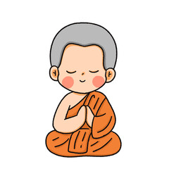 Cute cartoon illustration with a Buddhist theme featuring monks, temples, and traditional elements.