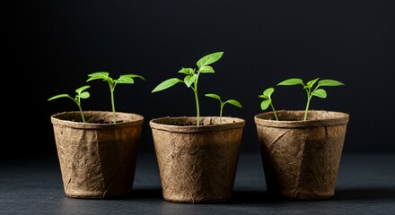Young plants in pots against dark background