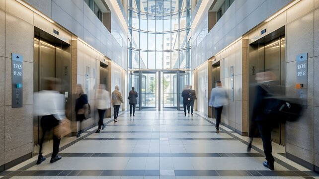A bustling modern office lobby with business professionals navigating toward elevators, showcasing a sleek architectural design. - Powered by Adobe