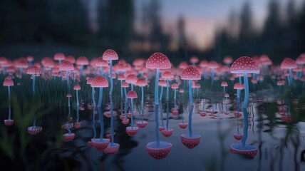 Enchanted Amanita Mushroom Glade: A whimsical landscape with dotted fungi