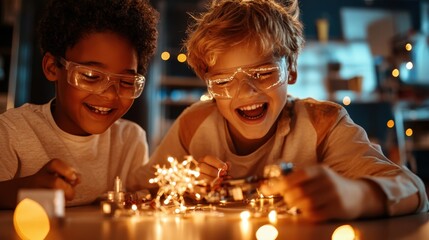 Two cheerful children diligently work together on a fun science project, highlighting their enthusiasm and creativity in an engaging learning environment.