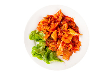 Kimchi pickled cabbage salad spicy savory vegetables fresh delicious gourmet food background on the table rustic food top view copy space vegetarian and vegan food