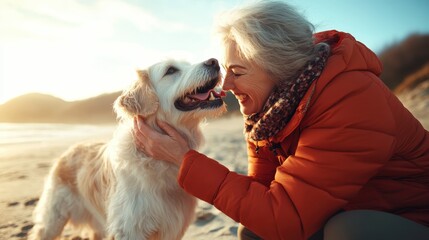 An elderly woman in an orange coat enjoys a joyful moment with her dog at the beach, showcasing the bond of love and companionship between humans and pets surrounded by nature.