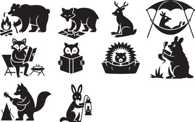 Black And White Line Art Illustrations Of Animals Engaging In Various Activities Including Campfire Bear
