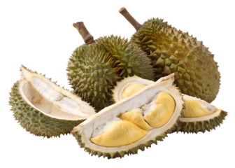 pile-of-fresh-durians-with-cut-open-pieces isolated on white background png, ai generated