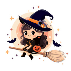 beautiful little witch flying on the broom against with bats and stars. vector illustration
