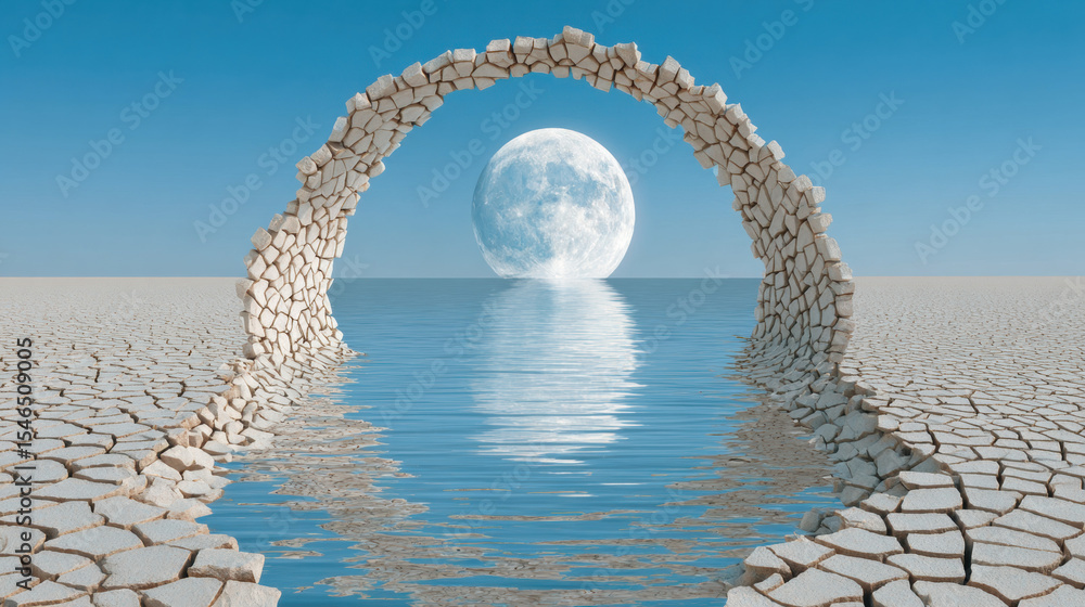 Poster a cracked mirror reflects a surreal moon in high-resolution, creating a captivating visual effect.