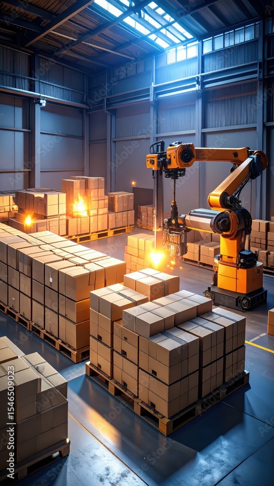 Poster abandoned warehouse with stacked crates and flickering robot arms