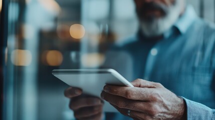 Fototapeta premium A focused man using a tablet in a contemporary space reflects the integration of technology into daily life, showcasing innovation and the importance of connection in modern society.