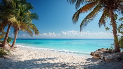 Idyllic Tropical Beach Scene Palm Trees Ocean Sand