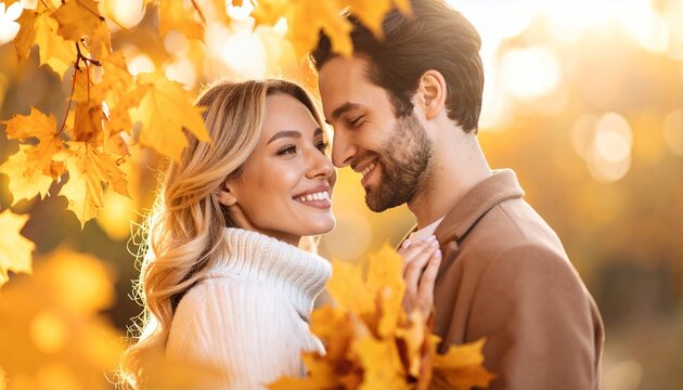 A smiling couple embraces outdoors amidst vibrant yellow autumn foliage.