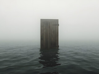 Mysterious Door in Misty Waters: A weathered, wooden door stands solitary in serene waters, enveloped in a thick, ethereal mist, a stark contrast of textures and tones.