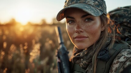 A determined woman in military camouflage gazes confidently towards the horizon at sunset, symbolizing strength, resilience, and dedication in her role.
