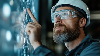 A professional engineer, wearing protective gear, analyzes intricate data displayed on a digital screen in a factory setting, exemplifying innovation and modern technology.