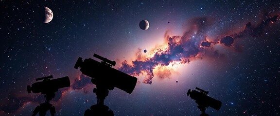 Powerful telescopes focused on a vibrant star cluster, revealing distant planets,  technology,  astronomy