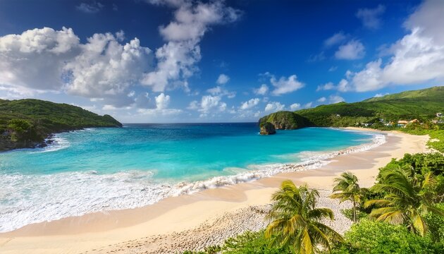view of tropical white sand beach and point cistern on carriacou grenada in the caribbean