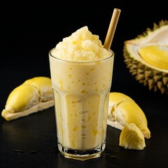  colorful sinh tố sầu riêng, durian smoothie with condensed milk, in a frosty glass, on a black background. Durian chunks and a bamboo straw