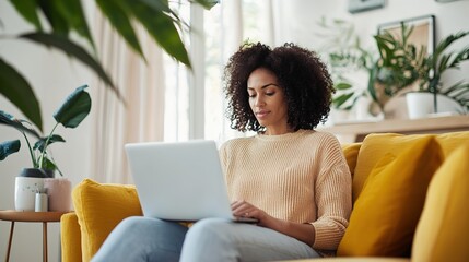 A woman with curly hair works on a laptop while sitting comfortably on a yellow sofa in a bright, plant-filled living room.
