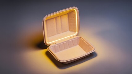 Biodegradable clamshell container spotlighted on a subtly textured surface