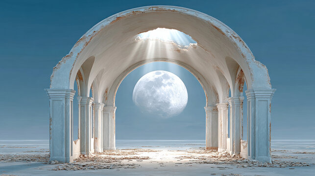 A decayed chapel illuminated by a screaming moon, showcasing high fidelity details in a surreal landscape.