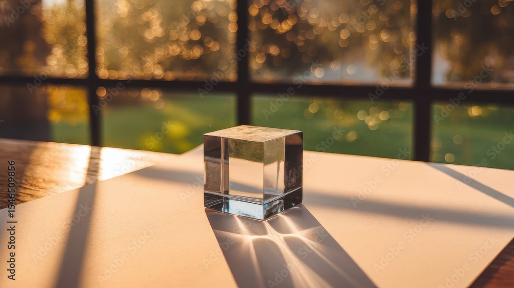 Aufkleber abstract clear cube refracting light and shadow on desk near window view
