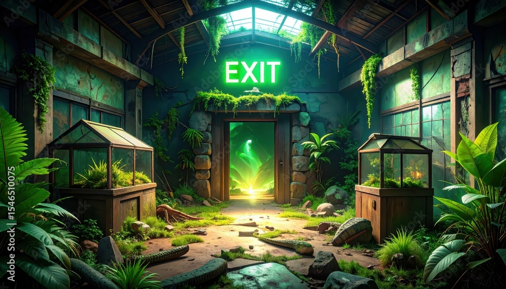 Poster abandoned reptile house with greenery and exit sign in background