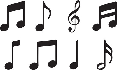 Music Icon Collection in Black Silhouette Style for Creative Use. Black Silhouette Music Icons for Digital and Print Design Projects. Minimal Music Symbol Set in Clean Black Silhouette Art Format