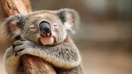 A cute koala bear clings to a tree branch, eyes closed in peaceful slumber, illustrating the tranquility and vulnerability of wildlife in their natural habitat.