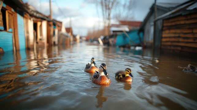 A group of ducks gracefully swimming through the floodwaters of a town, showcasing nature's adaptability amidst human-created challenges and environmental changes.