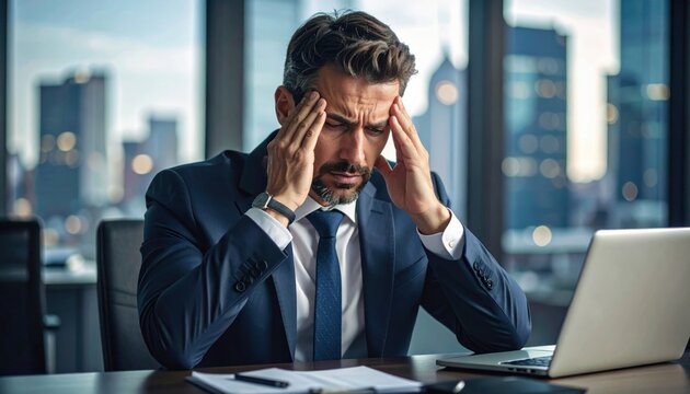 Stressed businessman in office symbolizes high-stakes decision-making, economic pressure, or financial uncertainty in corporate settings