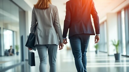 Two business professionals walking away from each other in a modern office, symbolizing corporate separation or partnership dissolution. Business conflict, negotiation failure, or strategic divergence